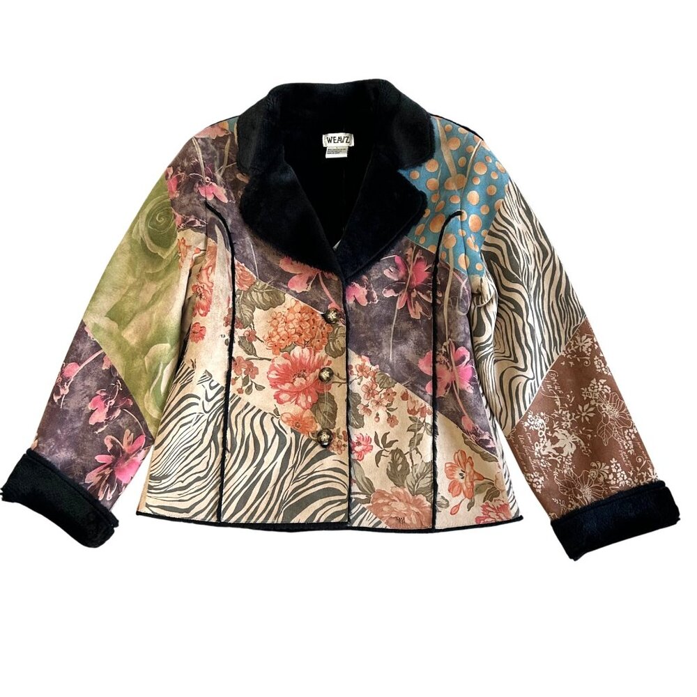 Weavz Women's Size L Patchwork Jacket Fleece Lining Colorful Floral & Zebra Prin